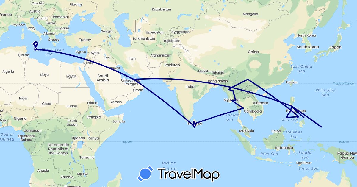 TravelMap itinerary: driving in United Arab Emirates, China, Sri Lanka, Myanmar (Burma), Malta, Philippines, Palau, Thailand (Asia, Europe, Oceania)